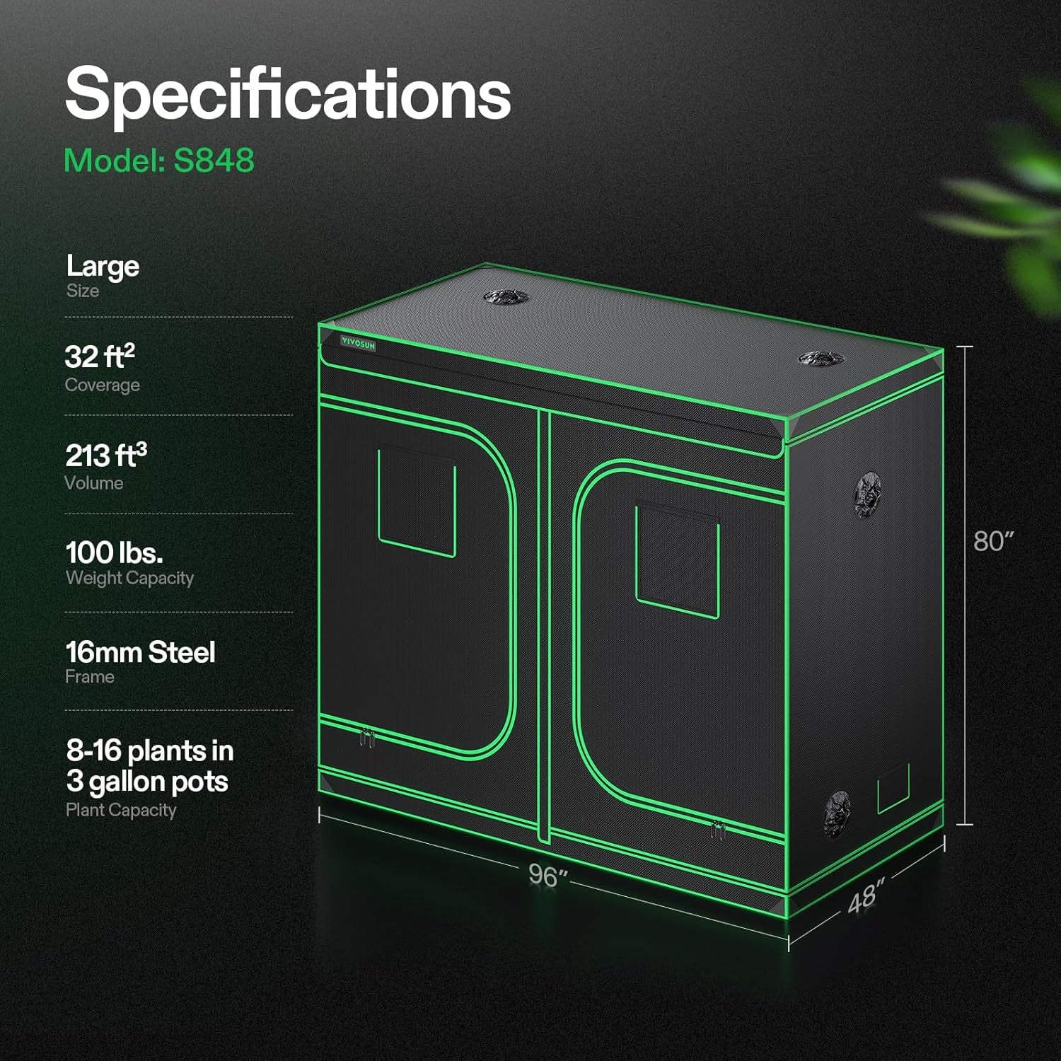 S848 4X8 Grow Tent, 96"X48"X80" High Reflective Mylar with Observation Window and Floor Tray for Hydroponics Indoor Plant for VS4000/VSF4300