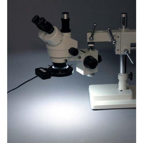 AmScope SM-4TZ-144A Professional Trinocular Stereo Zoom Microscope, WH10x Eyepieces, 3.5X-90X Magnification, 0.7X-4.5X Zoom Objective, Four-Zone LED Ring Light, Double-Arm Boom Stand, 110V-240V, Includes 0.5X and 2.0X Barlow Lens