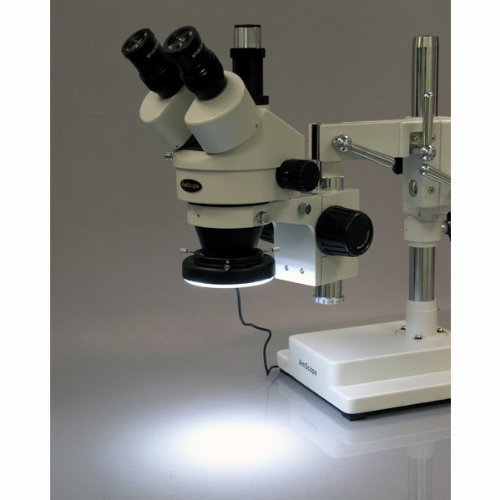 AmScope SM-4TZ-144A Professional Trinocular Stereo Zoom Microscope, WH10x Eyepieces, 3.5X-90X Magnification, 0.7X-4.5X Zoom Objective, Four-Zone LED Ring Light, Double-Arm Boom Stand, 110V-240V, Includes 0.5X and 2.0X Barlow Lens
