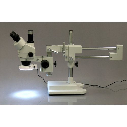 AmScope SM-4TZ-144A Professional Trinocular Stereo Zoom Microscope, WH10x Eyepieces, 3.5X-90X Magnification, 0.7X-4.5X Zoom Objective, Four-Zone LED Ring Light, Double-Arm Boom Stand, 110V-240V, Includes 0.5X and 2.0X Barlow Lens