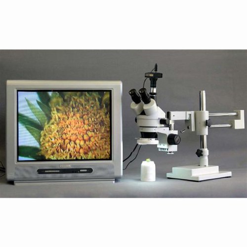 AmScope SM-4TZ-144A Professional Trinocular Stereo Zoom Microscope, WH10x Eyepieces, 3.5X-90X Magnification, 0.7X-4.5X Zoom Objective, Four-Zone LED Ring Light, Double-Arm Boom Stand, 110V-240V, Includes 0.5X and 2.0X Barlow Lens