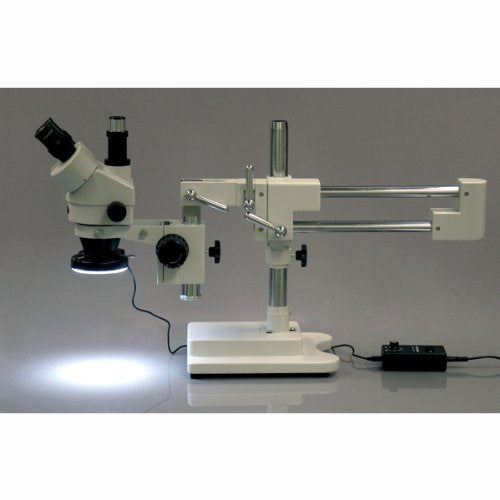 AmScope SM-4TZ-144A Professional Trinocular Stereo Zoom Microscope, WH10x Eyepieces, 3.5X-90X Magnification, 0.7X-4.5X Zoom Objective, Four-Zone LED Ring Light, Double-Arm Boom Stand, 110V-240V, Includes 0.5X and 2.0X Barlow Lens