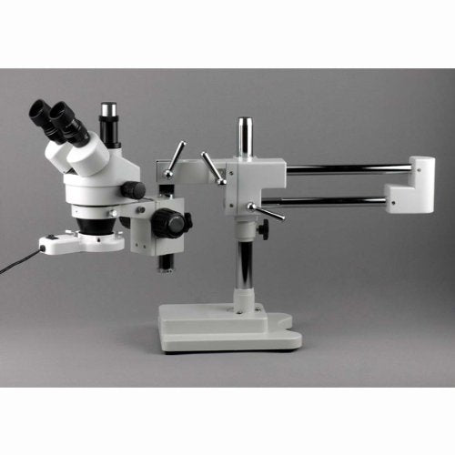 AmScope SM-4TZ-144A Professional Trinocular Stereo Zoom Microscope, WH10x Eyepieces, 3.5X-90X Magnification, 0.7X-4.5X Zoom Objective, Four-Zone LED Ring Light, Double-Arm Boom Stand, 110V-240V, Includes 0.5X and 2.0X Barlow Lens