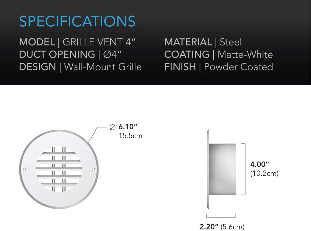 AC Infinity Wall-Mount Duct Grille Vent for 4-Inch Ducting, White Metal, Heating Cooling Ventilation and Exhaust