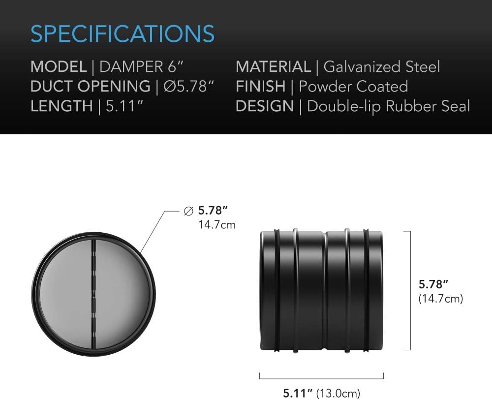 AC Infinity 6" Backdraft Damper, One-Way Airflow Ducting Insert with Spring-Loaded Folding Blades for 6” Ducting in Range Hoods and Bathrooms Fans