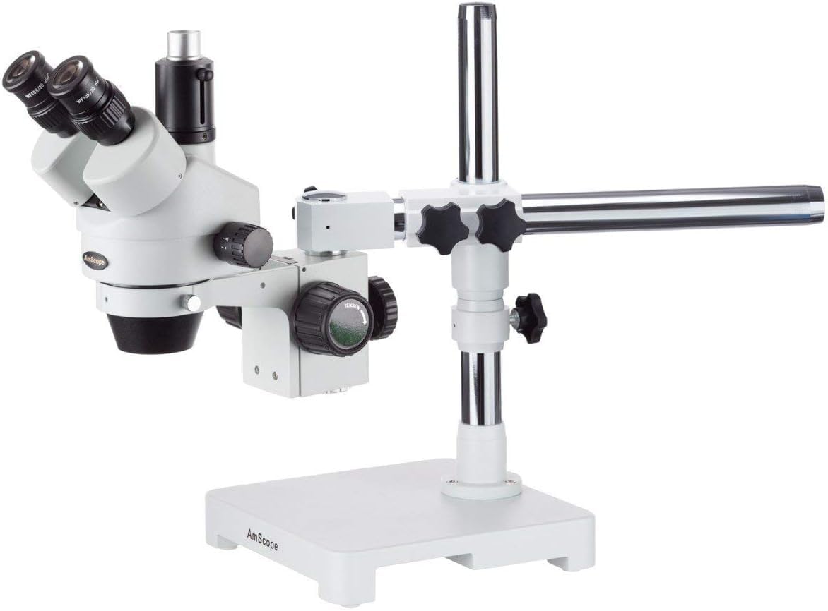 AmScope SM-3T Professional Trinocular Stereo Zoom Microscope, WH10x Eyepieces, 7X-45X Magnification, 0.7X-4.5X Zoom Objective, Ambient Lighting, Single-Arm Boom Stand