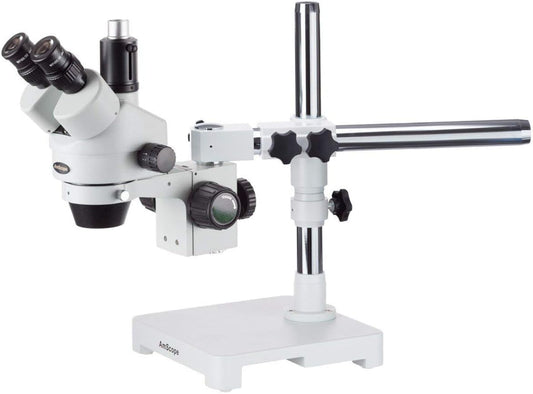 AmScope SM-3T Professional Trinocular Stereo Zoom Microscope, WH10x Eyepieces, 7X-45X Magnification, 0.7X-4.5X Zoom Objective, Ambient Lighting, Single-Arm Boom Stand