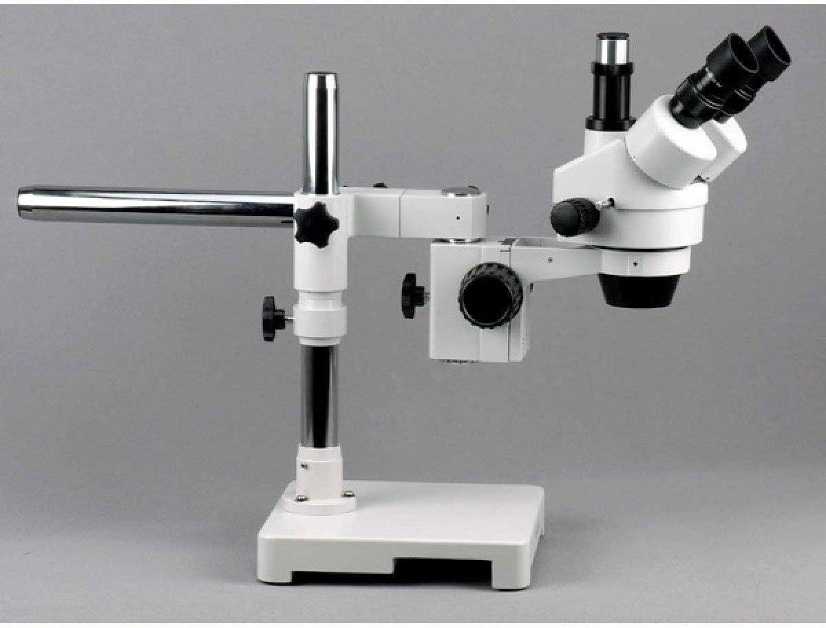 AmScope SM-3T Professional Trinocular Stereo Zoom Microscope, WH10x Eyepieces, 7X-45X Magnification, 0.7X-4.5X Zoom Objective, Ambient Lighting, Single-Arm Boom Stand