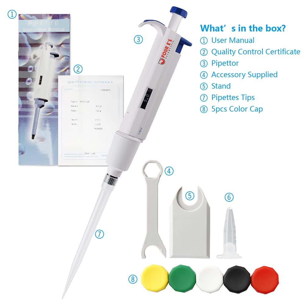 FOUR E'S SCIENTIFIC 100uL-1000uL High-Accurate Single-Channel Manual Adjustable Variable Volume Pipettes