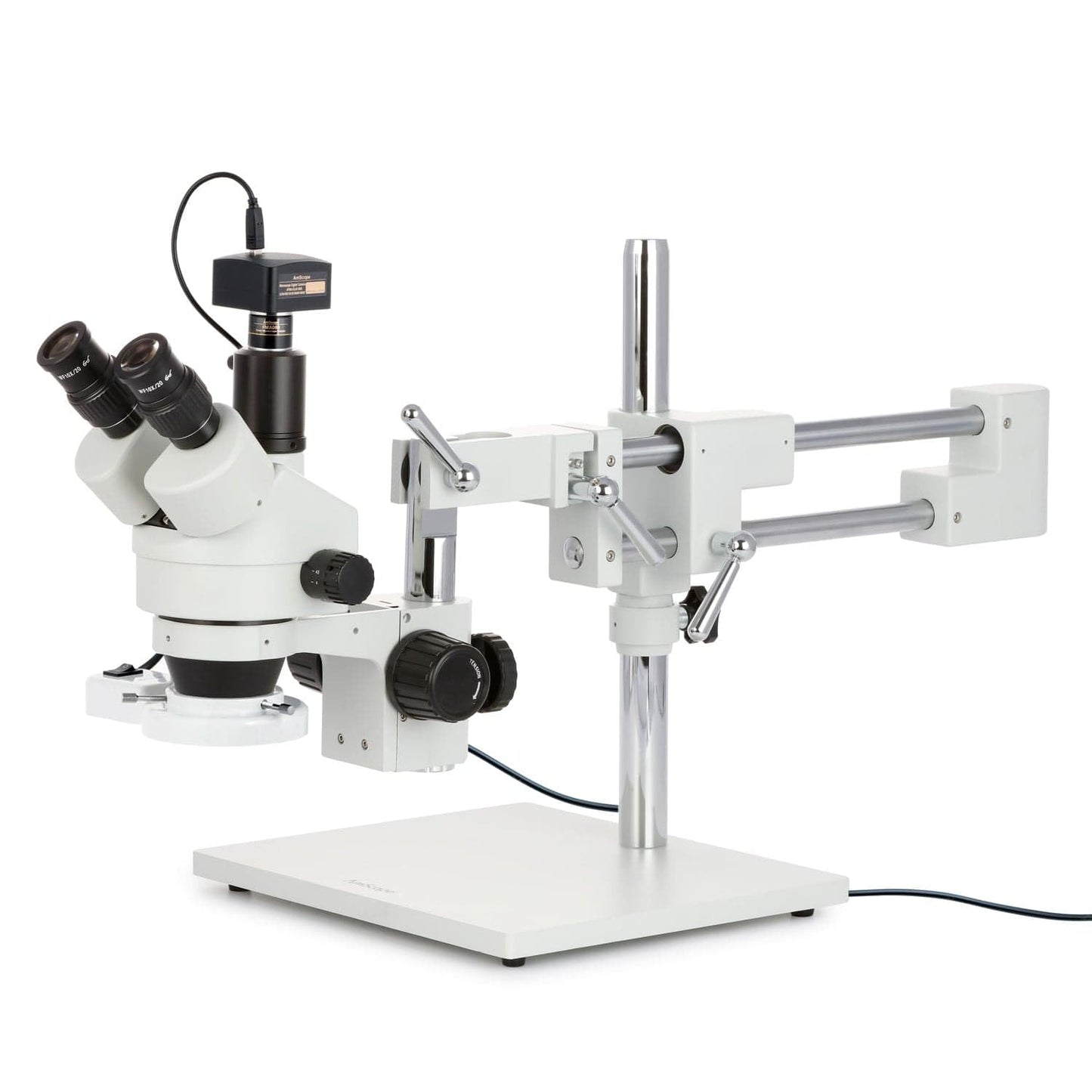 AmScope SM-4TZ-144A Professional Trinocular Stereo Zoom Microscope, WH10x Eyepieces, 3.5X-90X Magnification, 0.7X-4.5X Zoom Objective, Four-Zone LED Ring Light, Double-Arm Boom Stand, 110V-240V, Includes 0.5X and 2.0X Barlow Lens