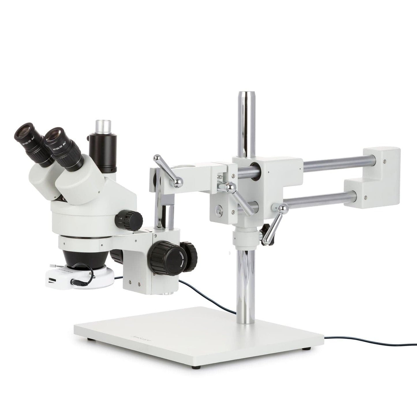 AmScope SM-4TZ-144A Professional Trinocular Stereo Zoom Microscope, WH10x Eyepieces, 3.5X-90X Magnification, 0.7X-4.5X Zoom Objective, Four-Zone LED Ring Light, Double-Arm Boom Stand, 110V-240V, Includes 0.5X and 2.0X Barlow Lens