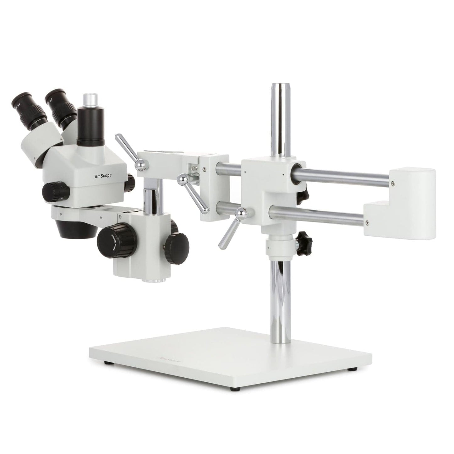 AmScope SM-4TZ-144A Professional Trinocular Stereo Zoom Microscope, WH10x Eyepieces, 3.5X-90X Magnification, 0.7X-4.5X Zoom Objective, Four-Zone LED Ring Light, Double-Arm Boom Stand, 110V-240V, Includes 0.5X and 2.0X Barlow Lens