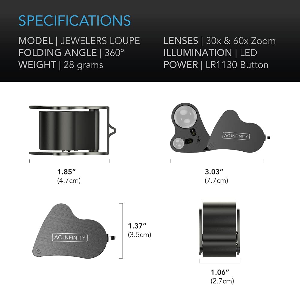 AC Infinity Jewelers Loupe, Pocket Magnifying Glass with LED Light & Dual Lenses, 30x 60x Zoom for Jewelry, Watches, Coins, Stamps, Plant Buds