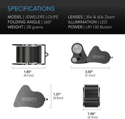 AC Infinity Illuminated Jewelers Loupe, Pocket Magnifying Glass 30x 60x