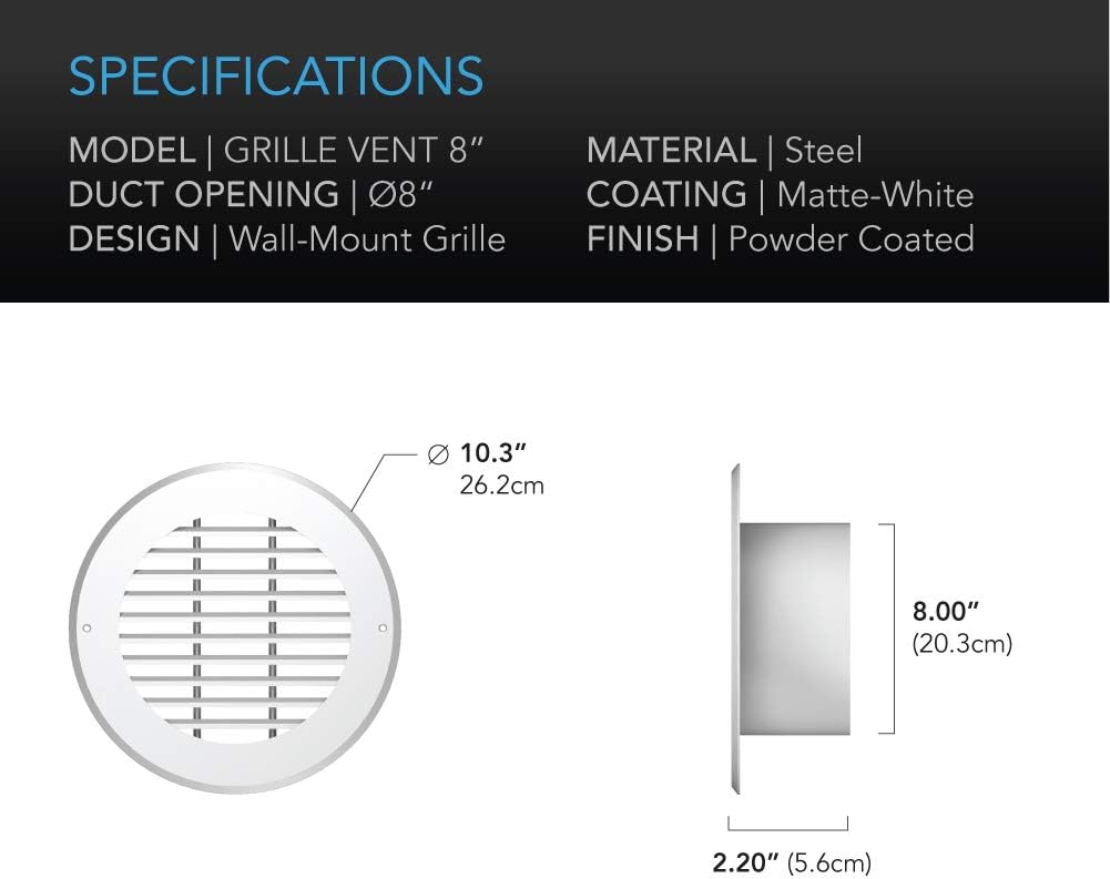 AC Infinity Wall-Mount Duct Grille Vent for 8-Inch Ducting, White Metal, Heating Cooling Ventilation and Exhaust