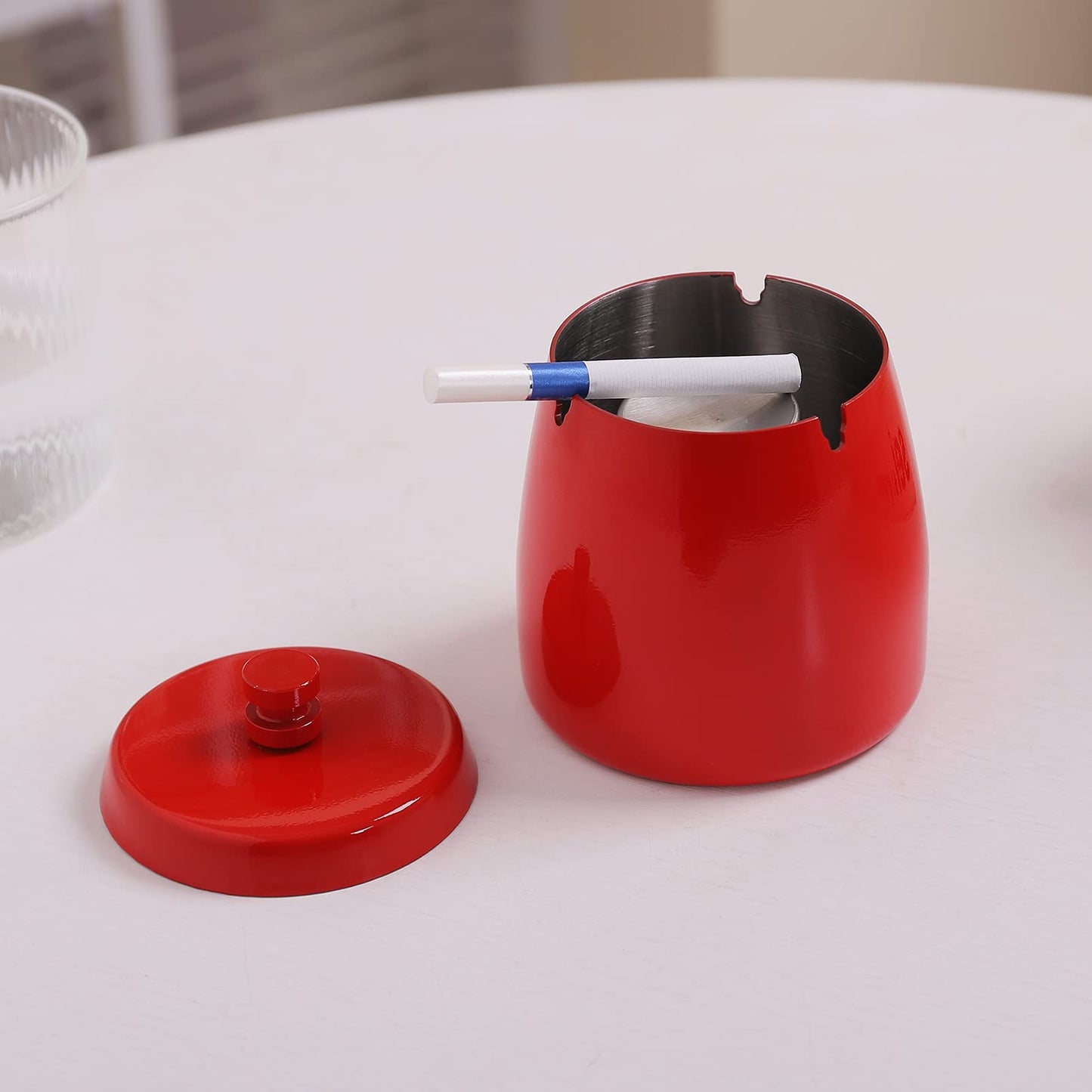 Ashtray with Lid for Cigarette, Stainless Steel Smokeless Odorless Windproof Ashtrays for Home Office Tabletop Outside Patio Outdoor Balcony(3.54"x3.0"x3.38")