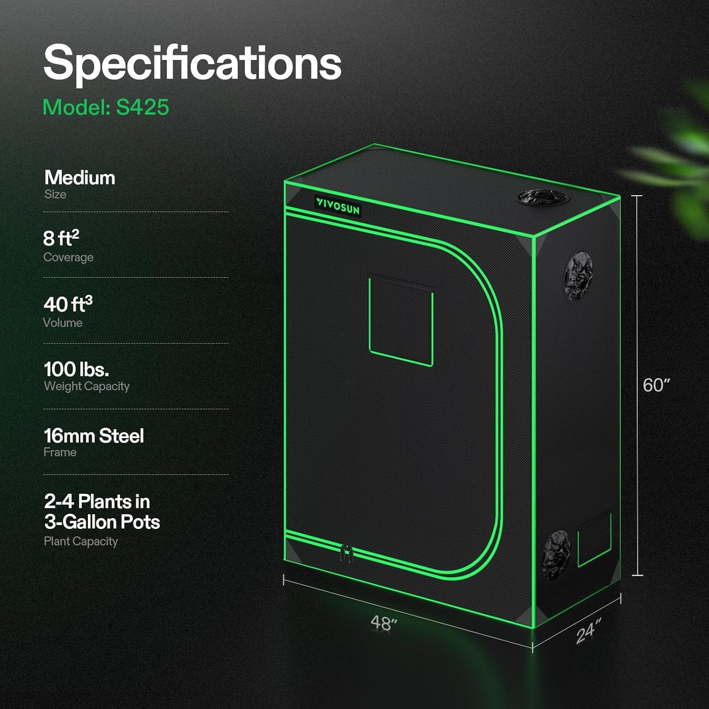 S425 4X2 Grow Tent, 48"X24"X60" High Reflective Mylar with Observation Window and Floor Tray for Hydroponics Indoor Plant for VS2000