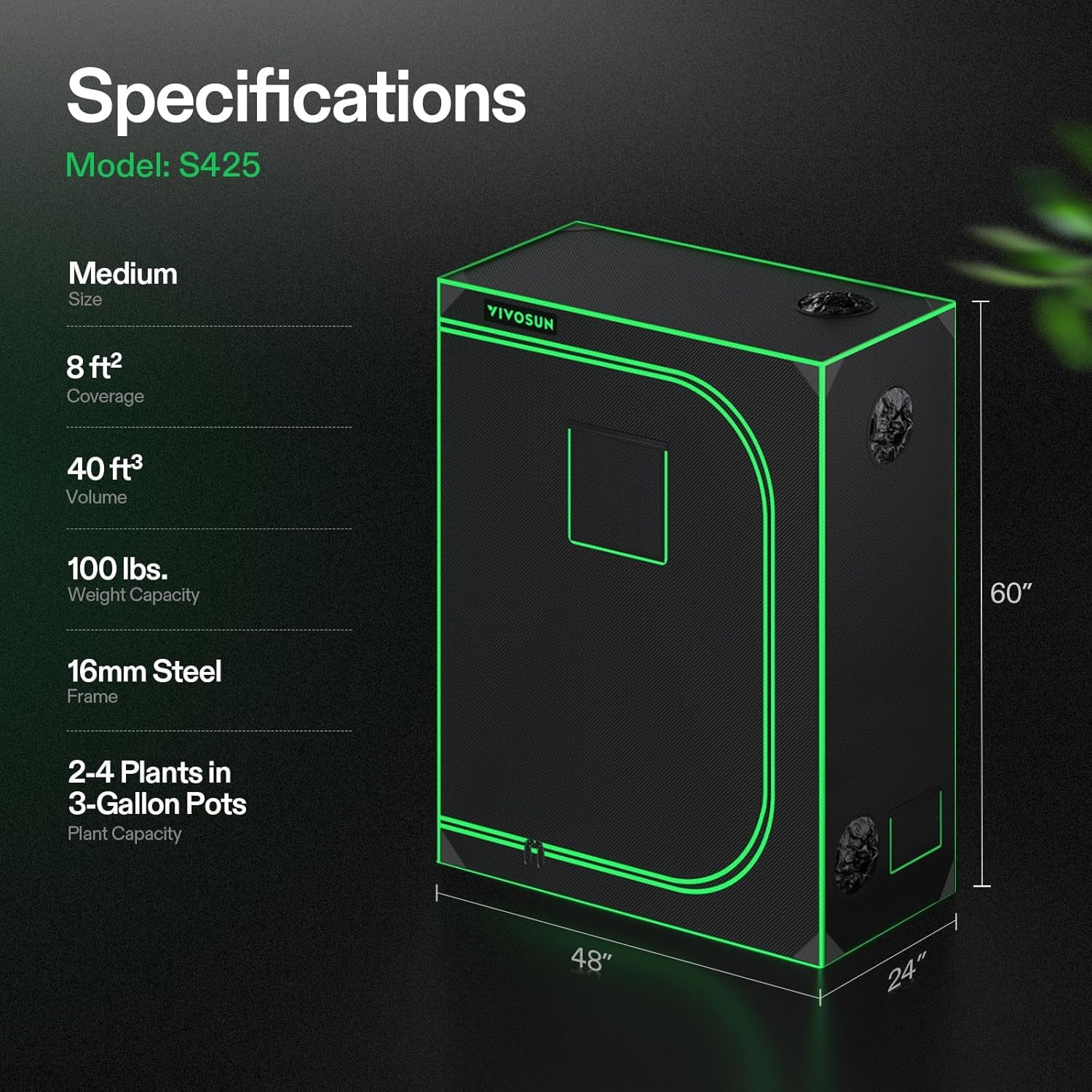 S425 4X2 Grow Tent, 48"X24"X60" High Reflective Mylar with Observation Window and Floor Tray for Hydroponics Indoor Plant for VS2000