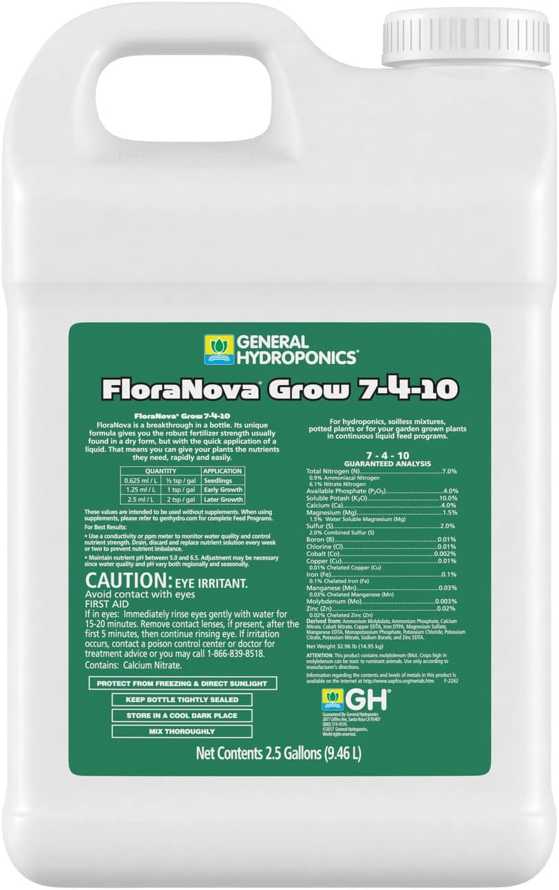 General Hydroponics FloraNova Grow 7-4-10, Robust Strength of Dry Fertilizer But in Rapid Liquid Form, Use for Hydroponics, Soilless Mixtures, Containers & Garden Grown Plants, 1-Quart