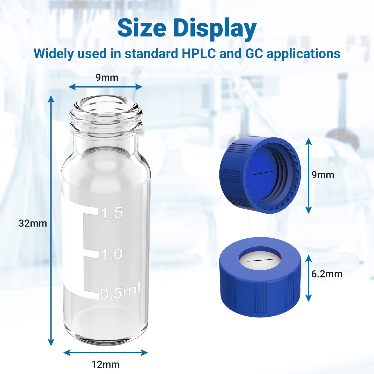 FOUR E'S SCIENTIFIC 2ml Autosampler Vials 1000 Pack - HPLC Vial | 9-425 Amber Vial with Blue Screw Caps | Writing Patch | Graduation | White PTFE & Red Silicone Septa Fit for LC Sampler