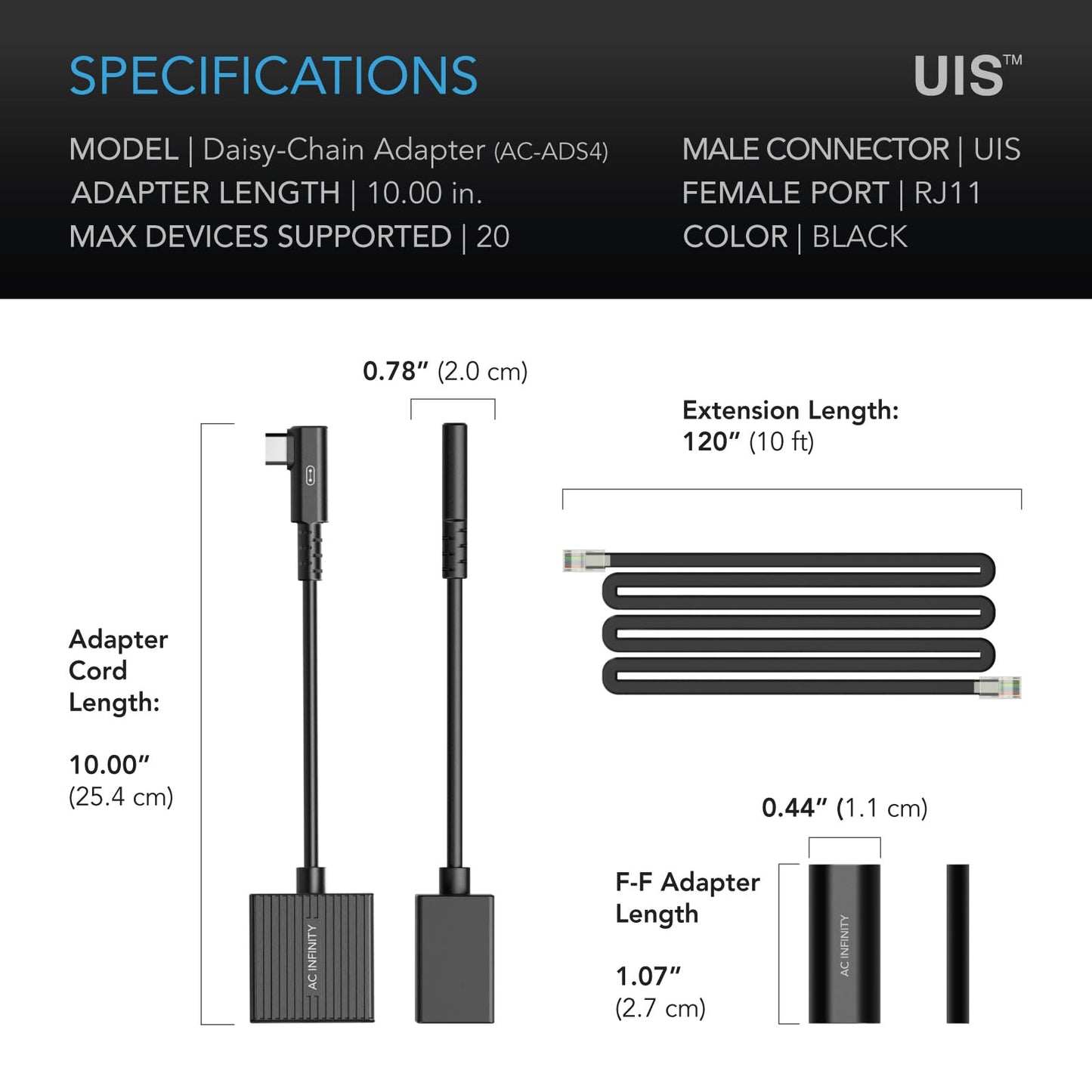 AC Infinity RJ11 2-in-1 Daisy Chaining Adapter Dongle, L-Shaped Sequential Connection Cable Cord, Right Angle Piggyback Connector for UIS LED Grow Lights