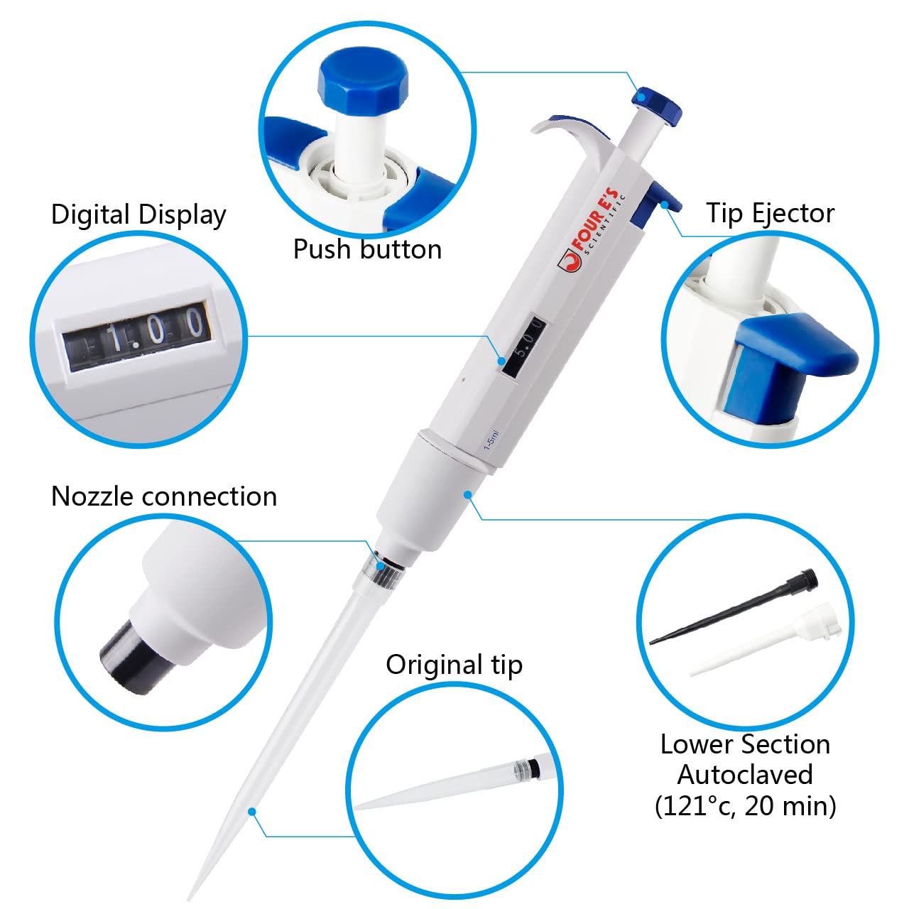 FOUR E'S SCIENTIFIC 1-10ML Single-Channel Pipettor Adjustable Variable Volume Micropipette High Accurate Pipettor for Laboratory