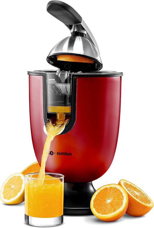 Eurolux Premium Electric Orange Juicer | Stainless Steel Citrus Squeezer With New Ultra-Powerful Motor and Soft Grip Handle for Effortless Juicing, Auto Shutoff, Dishwasher-safe Parts, Pulp Control