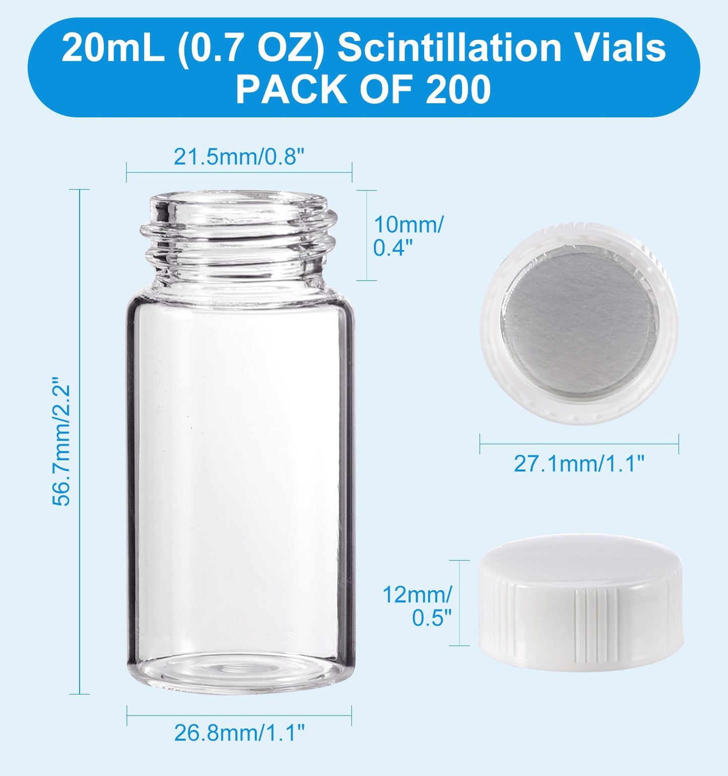 FOUR E'S SCIENTIFIC 20 ML Scintillation Vials, 100 PCS Lab Borosilicate Glass Liquid Scintillation Vials, 22-400 White Screw Cap with Silver Aluminum Foil Liner
