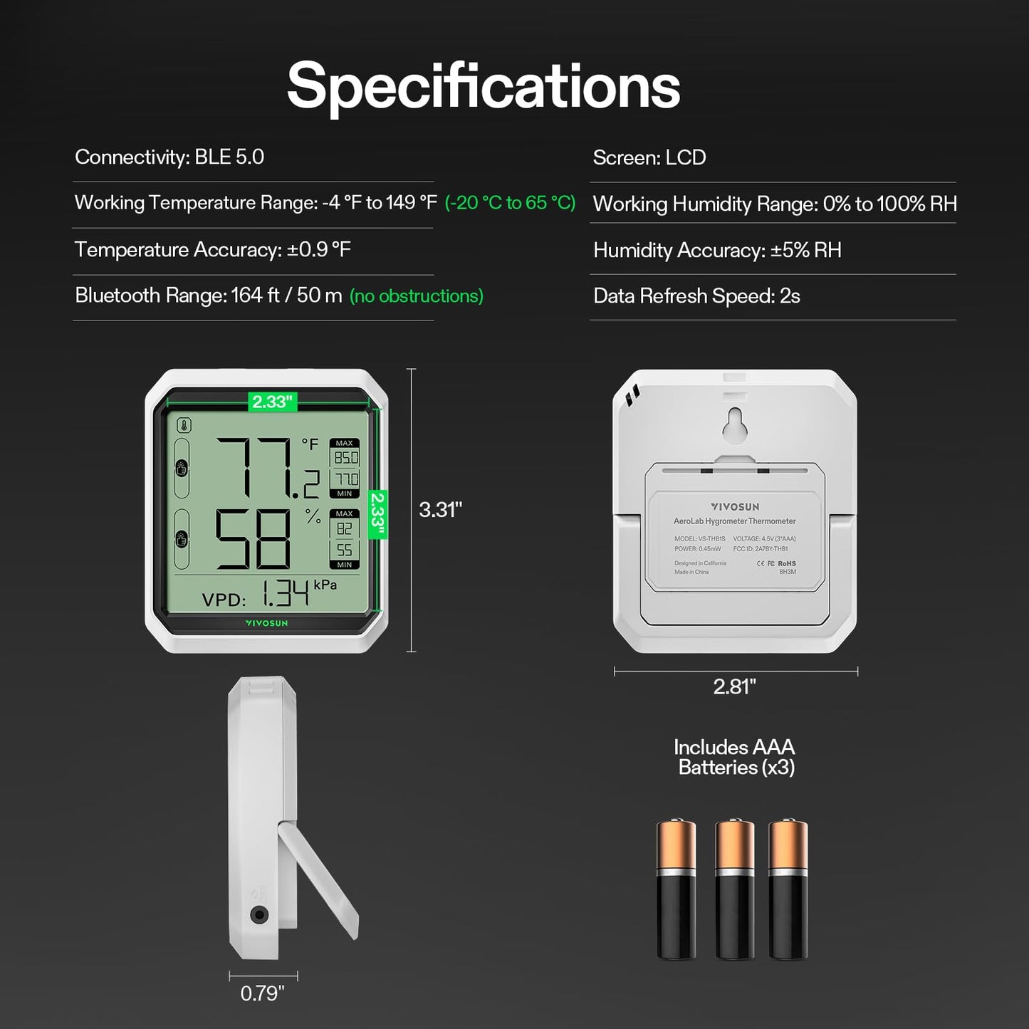 VIVOSUN AeroLab THB1S Wireless Bluetooth Hygrometer Thermometer Indoor, VPD, Digital Temp Humidity Meter, LCD Smart App Control & Alert, Data Storage, Dual Channels with Sensor Probe, Battery Included