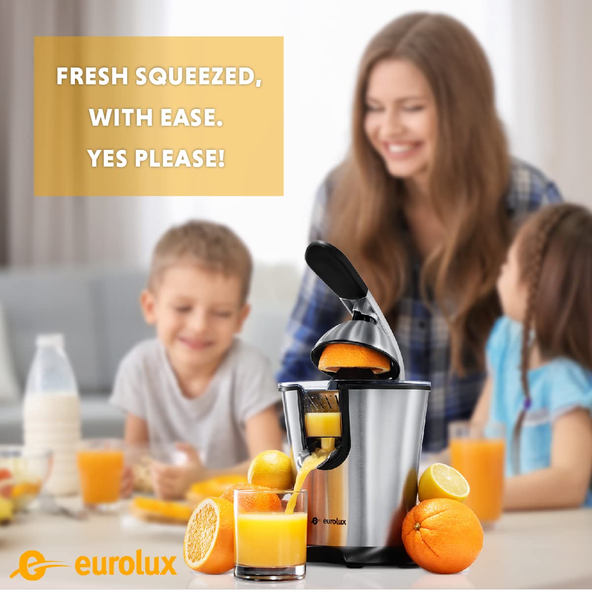 Eurolux Premium Electric Orange Juicer | Stainless Steel Citrus Squeezer With New Ultra-Powerful Motor and Soft Grip Handle for Effortless Juicing, Auto Shutoff, Dishwasher-safe Parts, Pulp Control