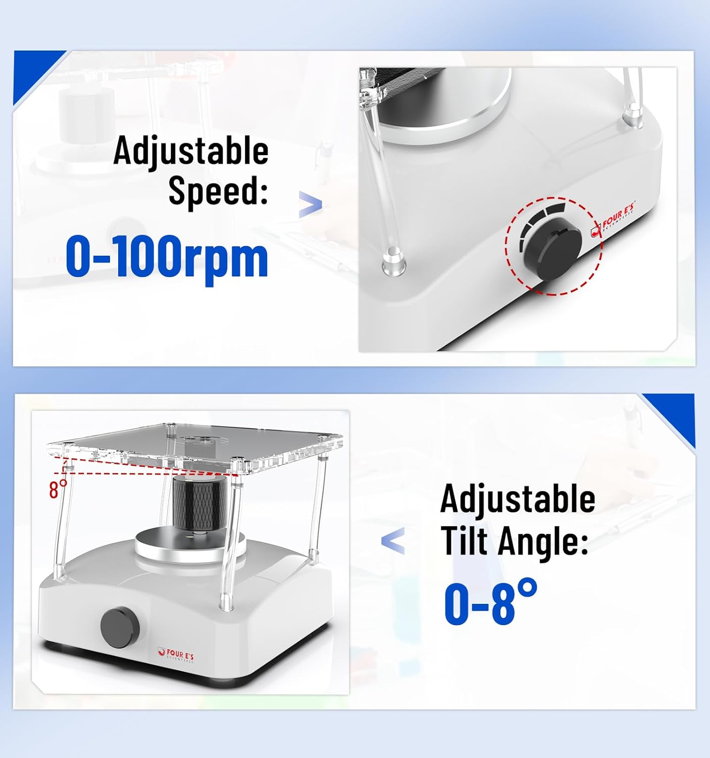 FOUR E'S SCIENTIFIC Lab Shaker, 3D Shaker Compact Rotator Shaker with Adjustable Speed 0-100RPM, 0-8° Tilt Angle, Lab Shaker with Undulating 3D Motion, Non-Slip Mat, Max. Capacity 2KGS