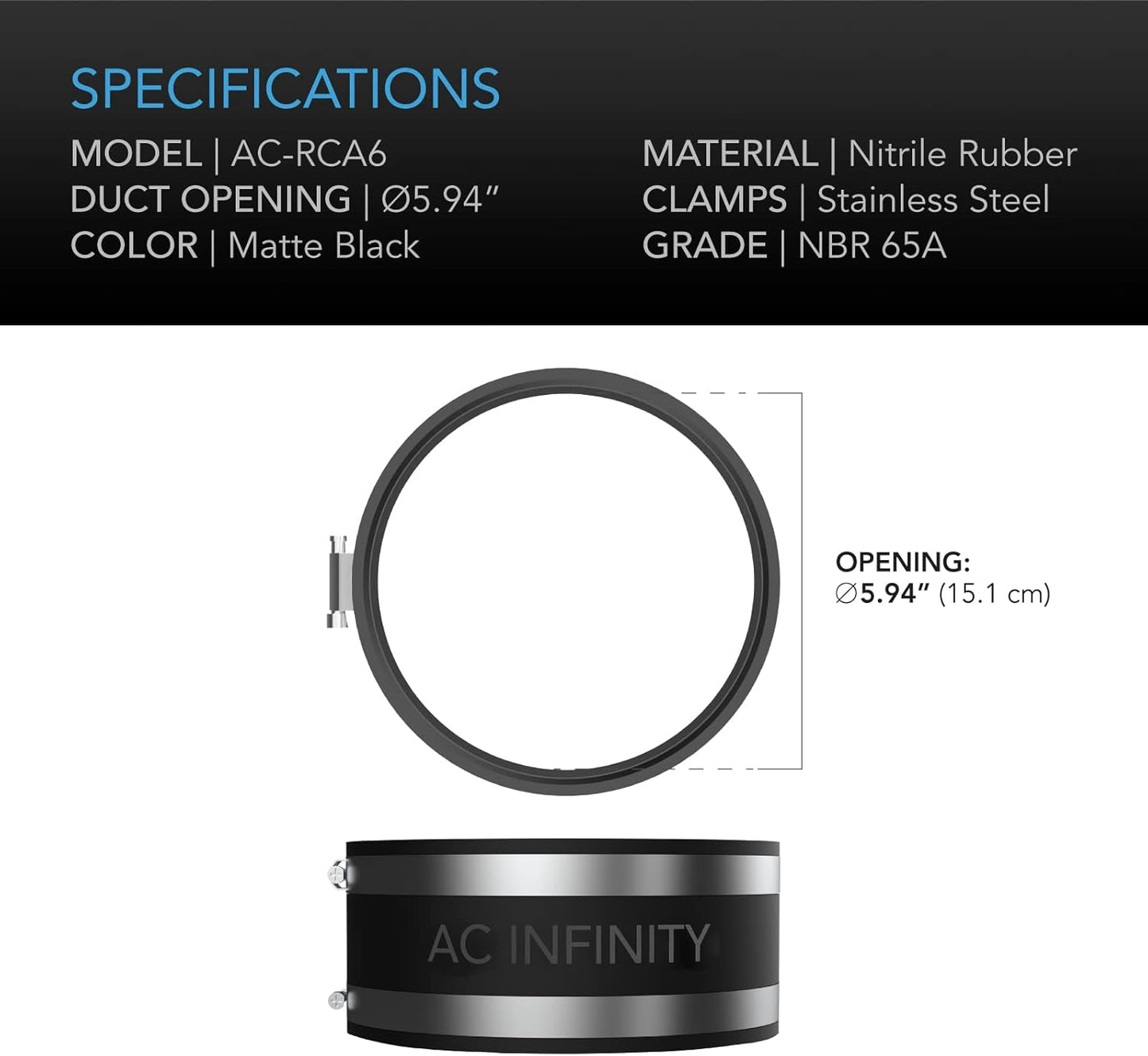 AC Infinity Noise Reduction Clamp 6-Inch, Duct Coupler with Stainless Steel Clamps, Flexible Rubber Coupling for Inline Fans and Carbon Filters in Growing and HVAC