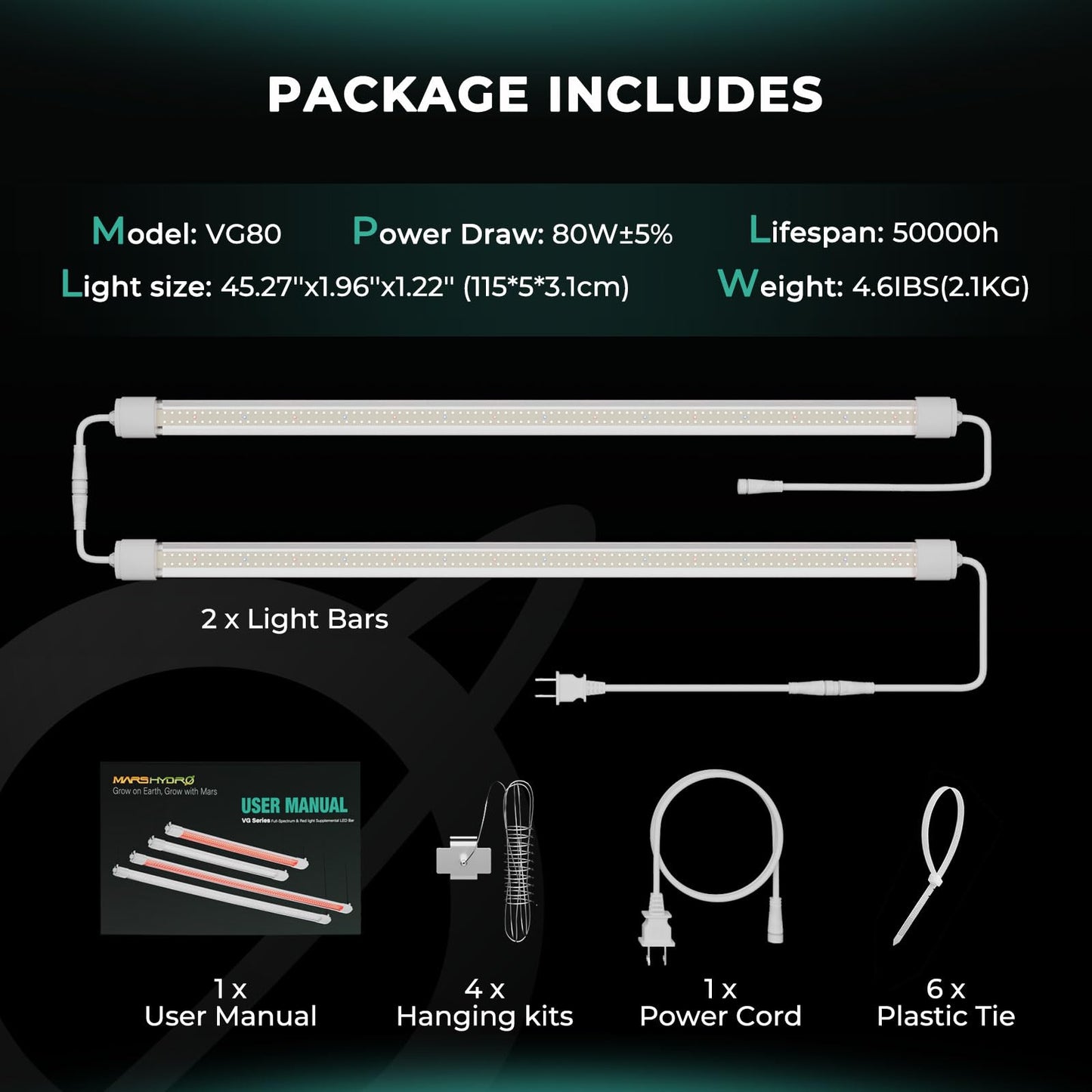 MARS HYDRO VG80, 4ft Led Grow Lights for Indoor Plants, 5000K Full Spectrum, 2x4 Coverage, IP65 Waterproof Linkable Under Canopy Plant Light Strip for Seedling Veg Flower (2x40W, 450W Equivalent)