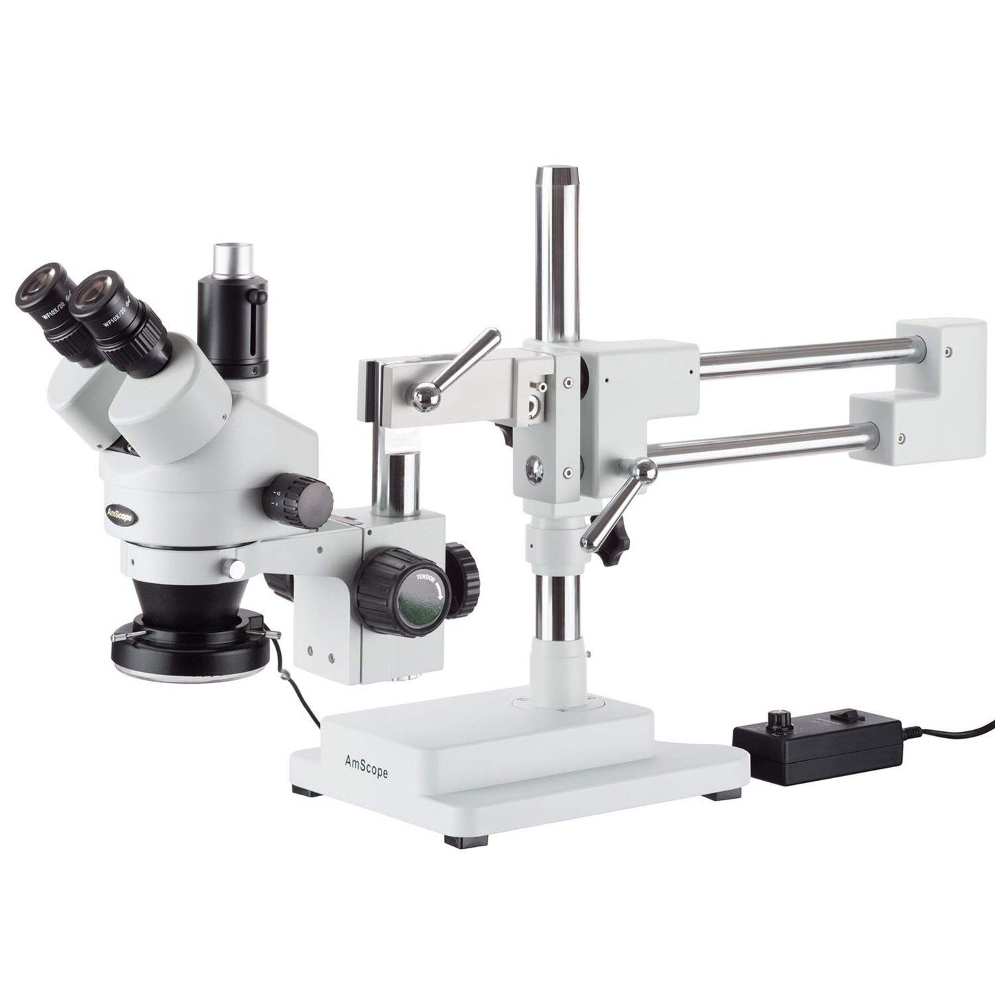 AmScope SM-4TZ-144A Professional Trinocular Stereo Zoom Microscope, WH10x Eyepieces, 3.5X-90X Magnification, 0.7X-4.5X Zoom Objective, Four-Zone LED Ring Light, Double-Arm Boom Stand, 110V-240V, Includes 0.5X and 2.0X Barlow Lens