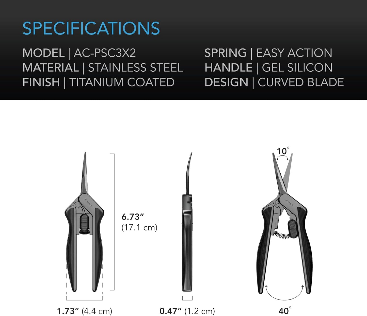 AC Infinity 6.6” Stainless Steel Curved Pruning Shear 2-Pack, Lightweight Ergonomic Design, Curved Precision Blades with Nonstick Titanium Coating for Gardening, Hydroponics, Grow Tents