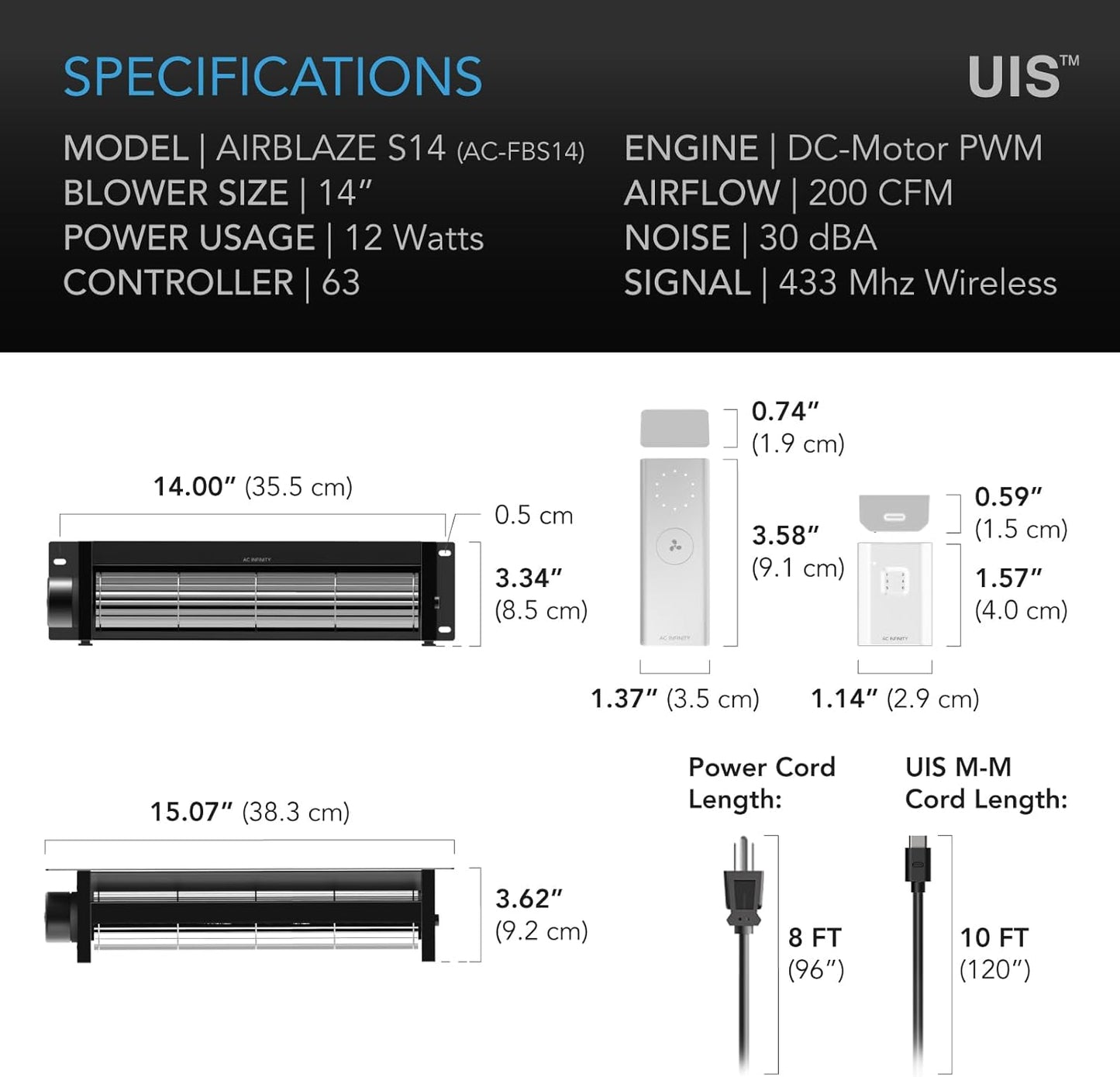 AC Infinity AIRBLAZE S14, Universal Fireplace Blower Fan Kit 14” with Wireless 10-Speed Controller, Compatible with Lennox, Hearth Glo, Majestic, Rotom Fireplaces, for Home Heat Circulation