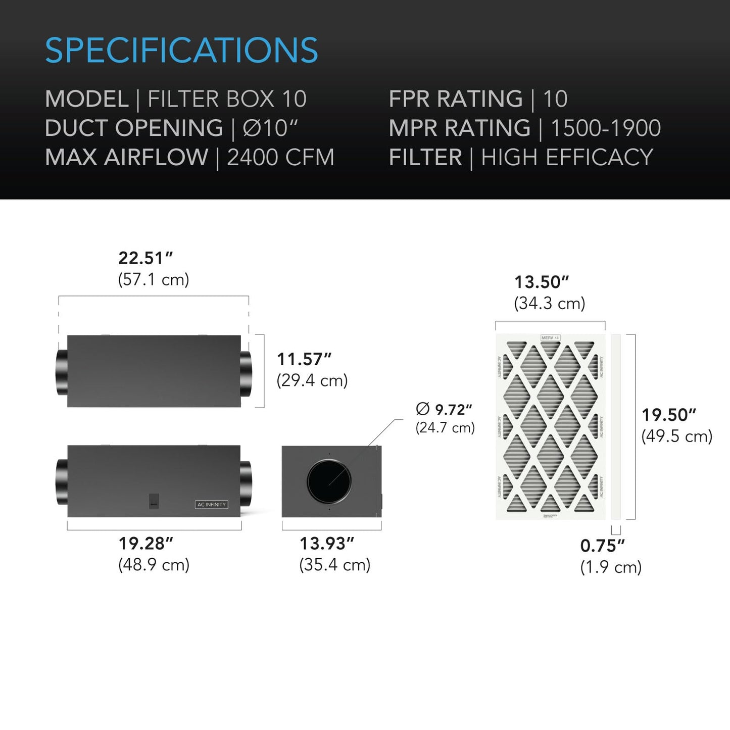 AC Infinity Inline Filter Box 4" with High Efficacy Filter, Whole House HVAC Filtration Kit, Fits 4-Inch Inline Duct Fans for Fresh Air Intake and Ventilation