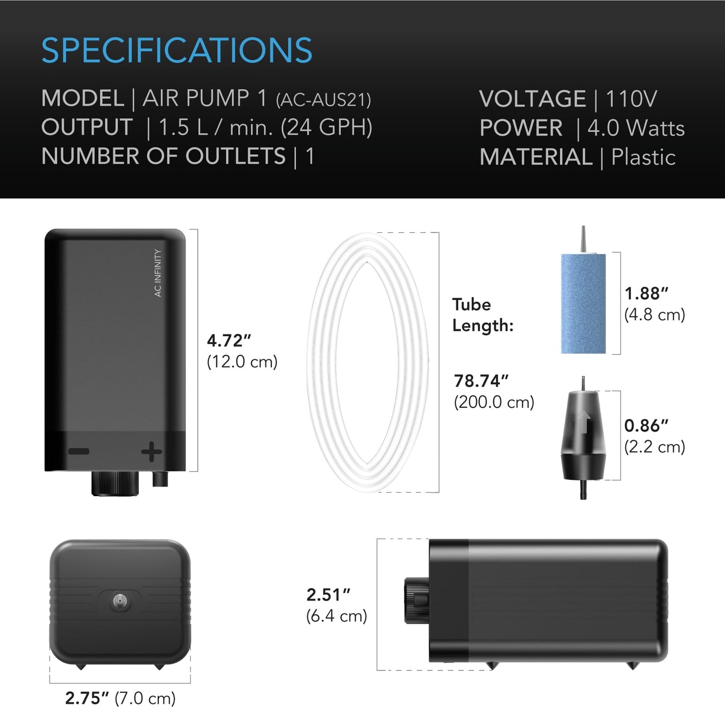 AC Infinity Air Pump One-Outlet Adjustable Oxygen Pump Kit with Tubing, Check Valve, and Air Stone, for Aquariums, Ponds, and Hydroponics Systems