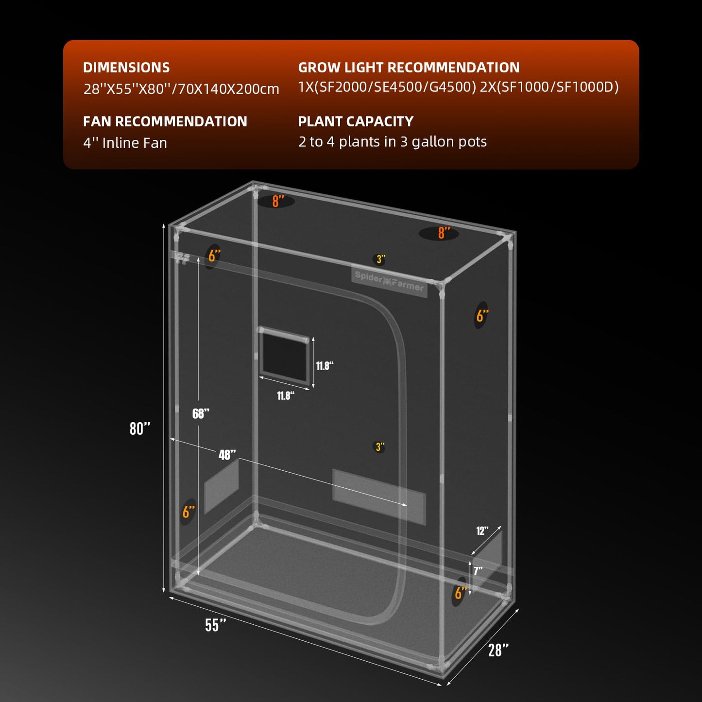 Spider Farmer 3x3x6 Pro-Grade Grow Tent, 36"x36"x70", with Observation Window and Floor Tray, 1680D Thicken Mylar Canvas Hydroponic Grow Tent, 3x3 for Indoor Growing for SF4000/SE3000