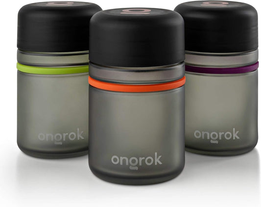 ONGROK Glass Storage Jar, 180ml, 3 Pack, UV Herb/Spice Jar with Child Resistant Lid, Color-Coded Glass Containers Air Proof to Preserve Smell and Aroma, Perfect Size to Store in a Drawer or Cupboard