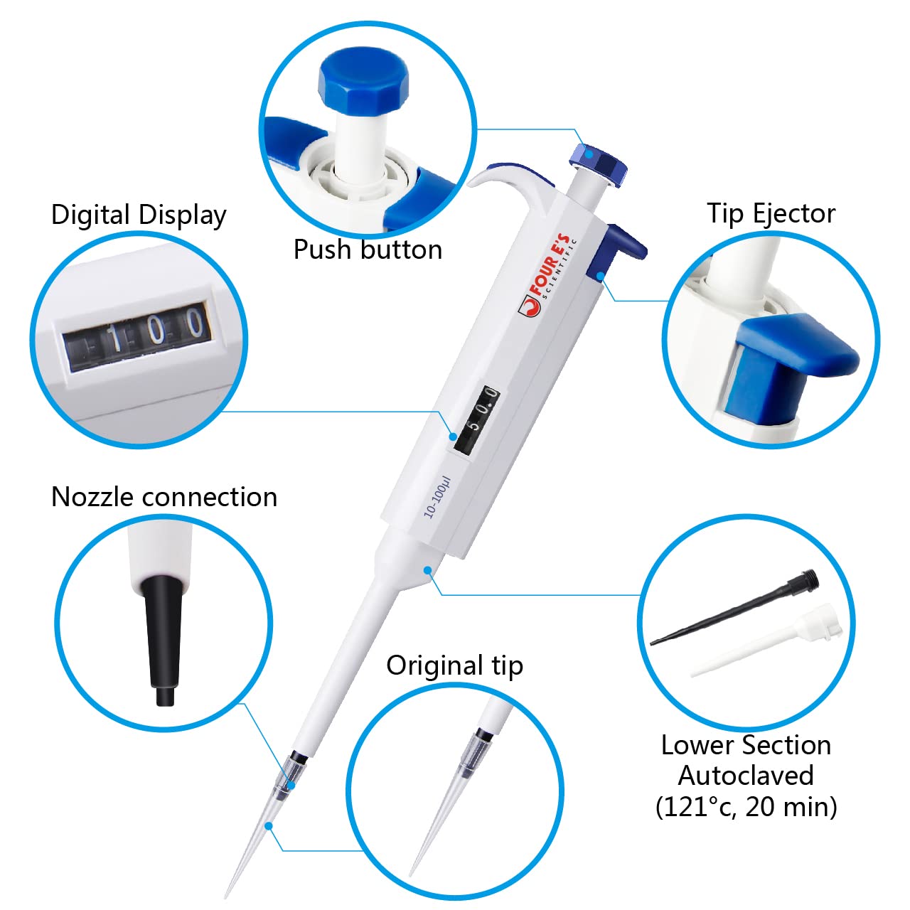 FOUR E'S SCIENTIFIC 1-10ML Single-Channel Pipettor Adjustable Variable Volume Micropipette High Accurate Pipettor for Laboratory