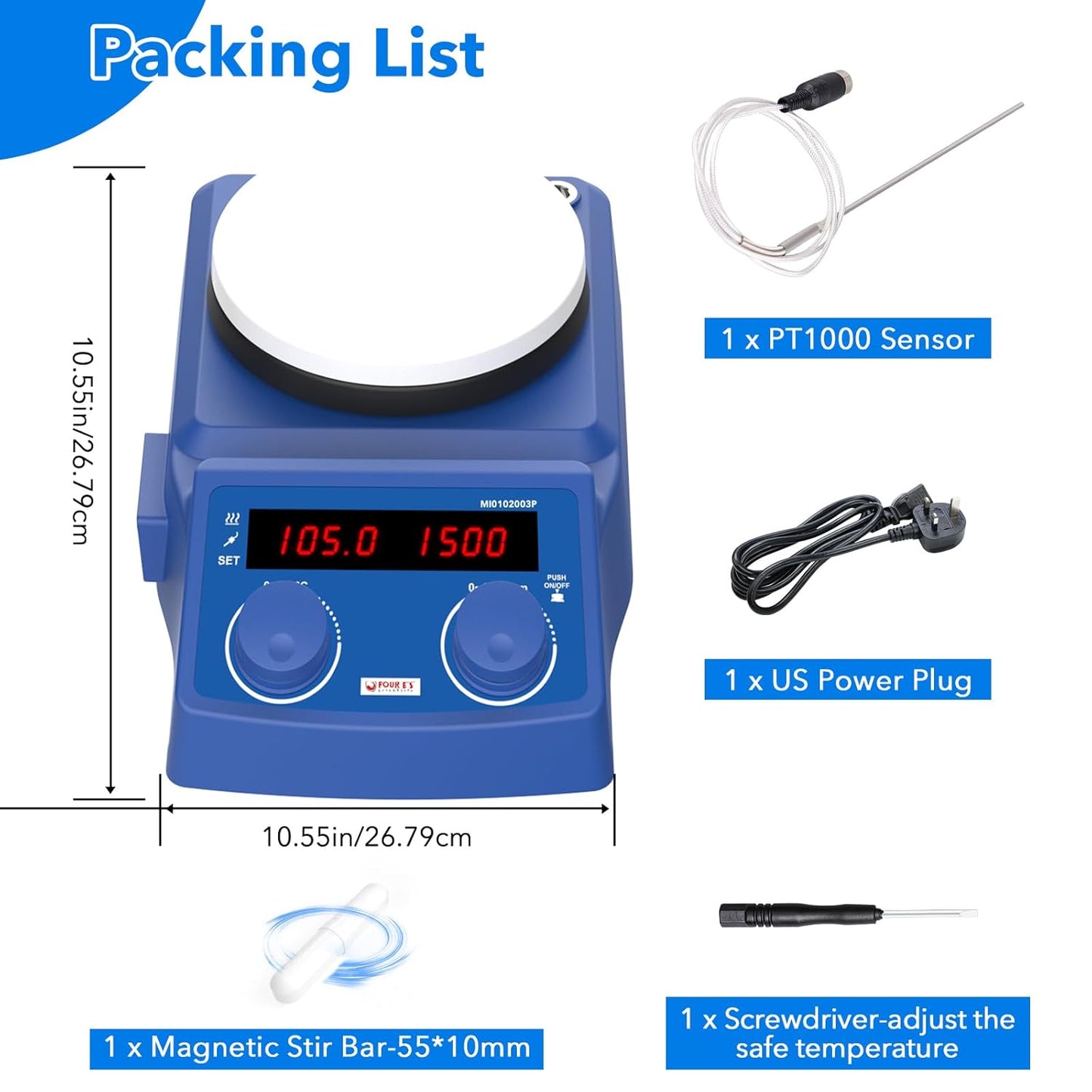 FOUR E'S SCIENTIFIC 5 Inch Pro Magnetic Stirrer Hotplate 100-1500RPM, Upgraded Ceramic-Aluminum Heating, Max Temp 280℃, Max 5L Capacity, 110V Stir Plate with Temp Probe Sensor (Not Include Stand)