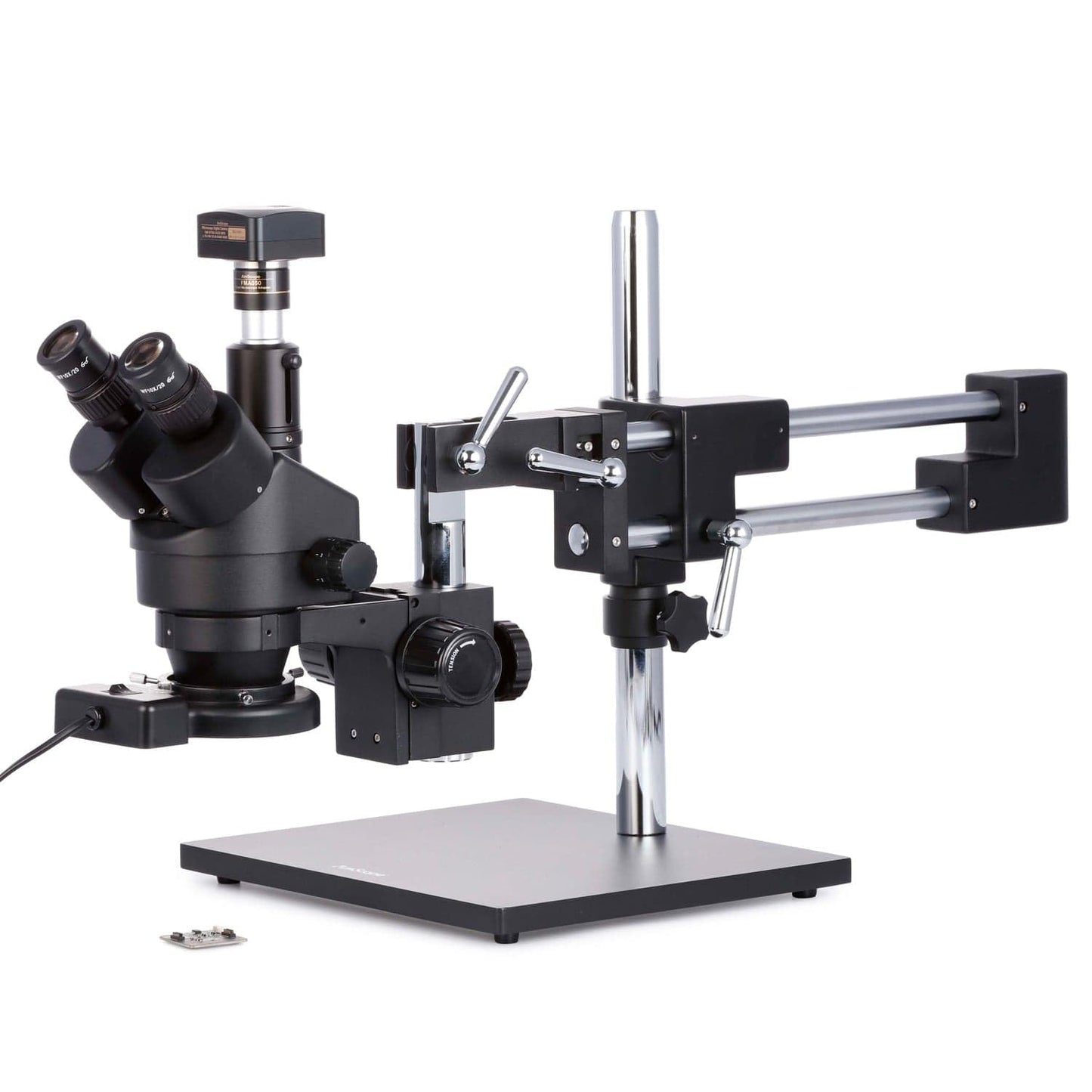 AmScope SM-4TZ-144A Professional Trinocular Stereo Zoom Microscope, WH10x Eyepieces, 3.5X-90X Magnification, 0.7X-4.5X Zoom Objective, Four-Zone LED Ring Light, Double-Arm Boom Stand, 110V-240V, Includes 0.5X and 2.0X Barlow Lens
