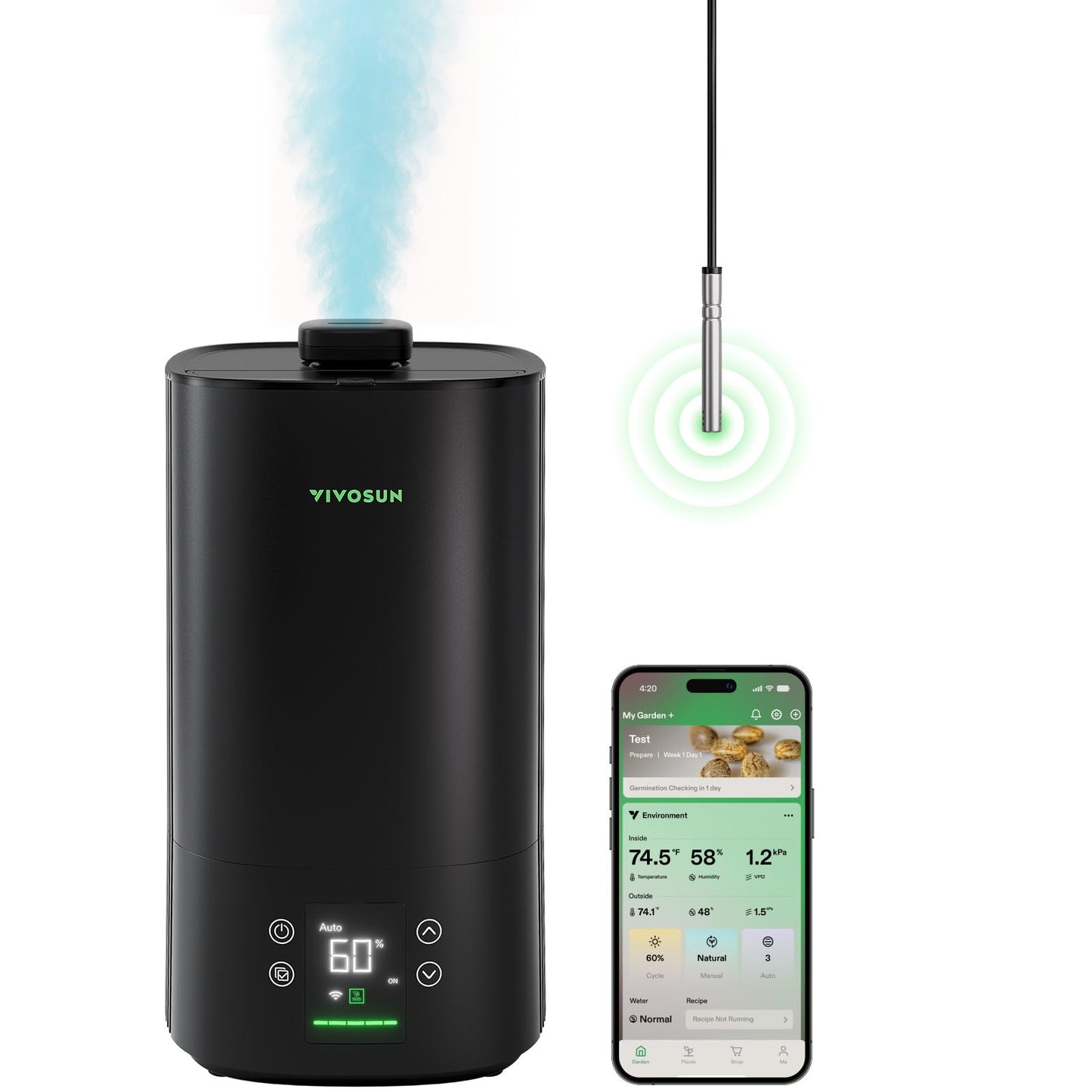 VIVOSUN AeroStream H05 Intelligent Wi-Fi Humidifier, 1.32 Gal / 5 L Humidifier with Temp & Humidity Probe, Smart Remote Control, Designed for Growers