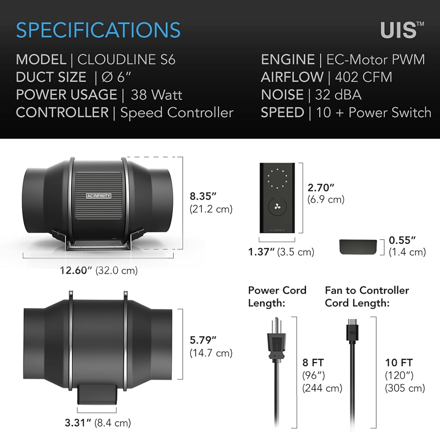 AC Infinity CLOUDLINE PRO S6, Quiet 6” Inline Duct Fan with Speed Controller - EC Motor Ventilation Exhaust Fan for Heating Cooling Booster, Grow Tents, Hydroponics