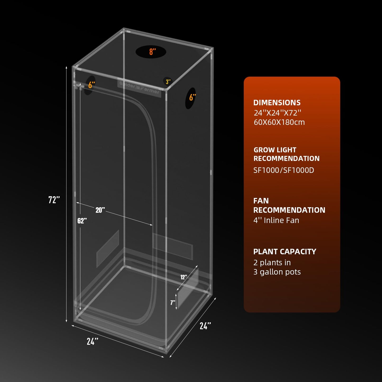 Spider Farmer 3x3x6 Pro-Grade Grow Tent, 36"x36"x70", with Observation Window and Floor Tray, 1680D Thicken Mylar Canvas Hydroponic Grow Tent, 3x3 for Indoor Growing for SF4000/SE3000