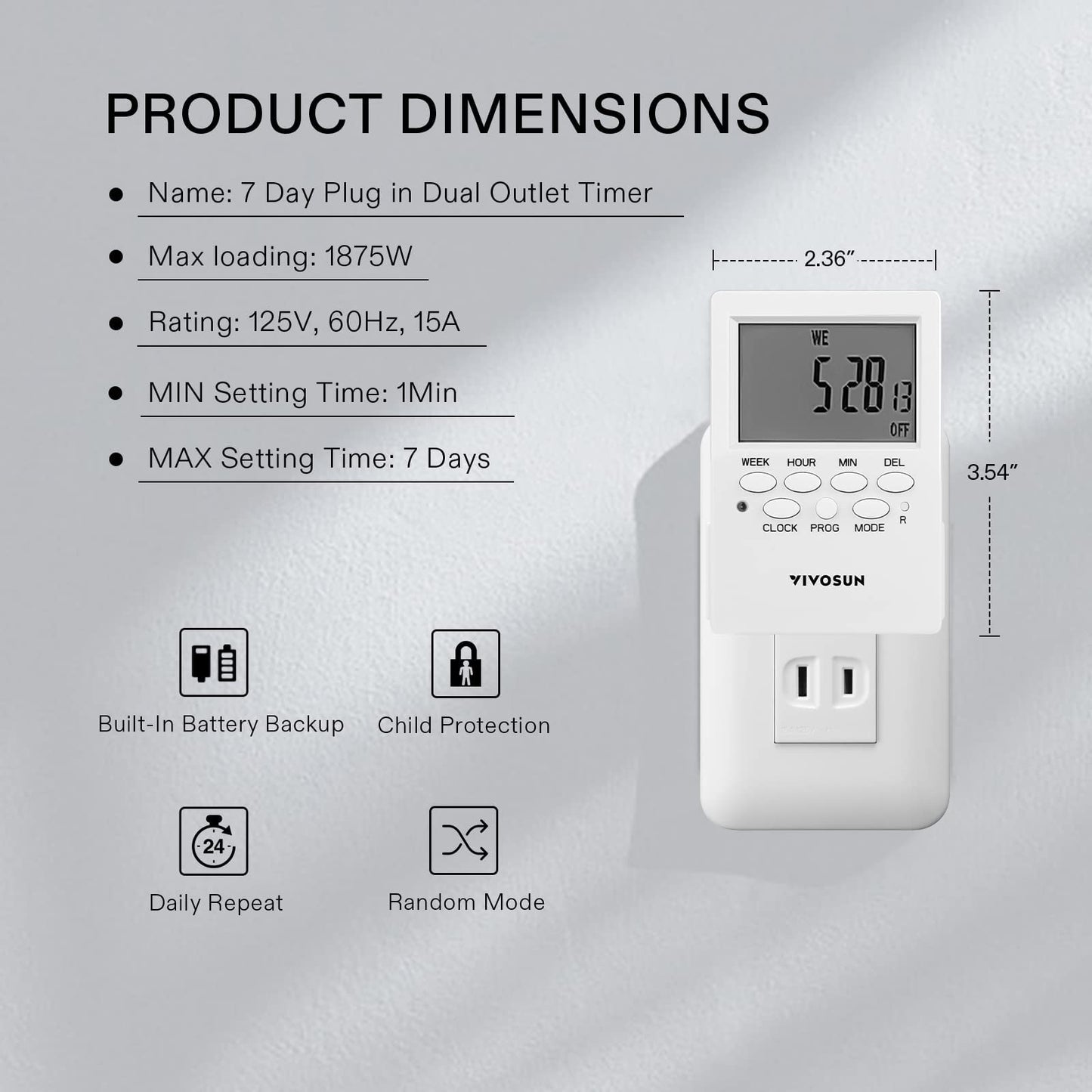 VIVOSUN Digital Timer Outlet 7 Day Programmable Digital Outlet Timer with 2 Independent Outlets 3 Prong, 20 on/Off Programs Groups, Countdown Setting, Indoor for Light Lamp, Fan（1Pack）