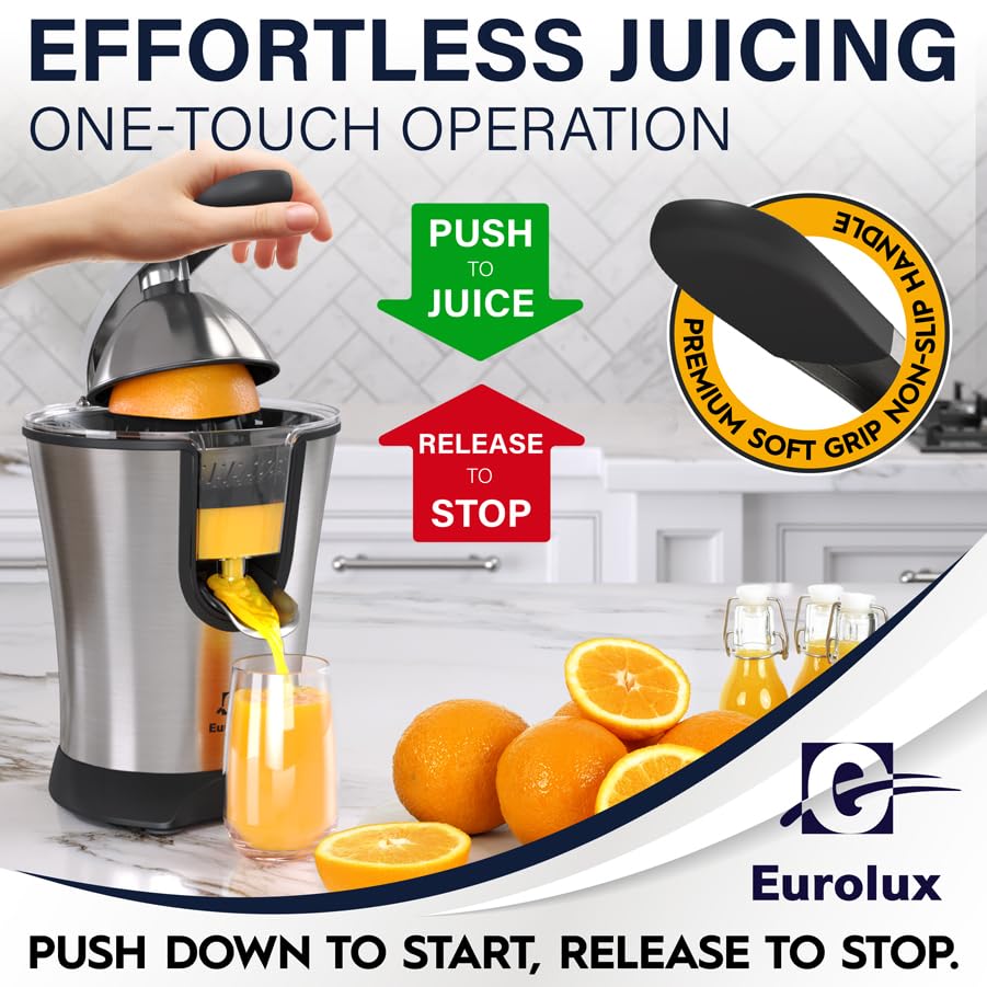 Eurolux Premium Electric Orange Juicer | Stainless Steel Citrus Squeezer With New Ultra-Powerful Motor and Soft Grip Handle for Effortless Juicing, Auto Shutoff, Dishwasher-safe Parts, Pulp Control