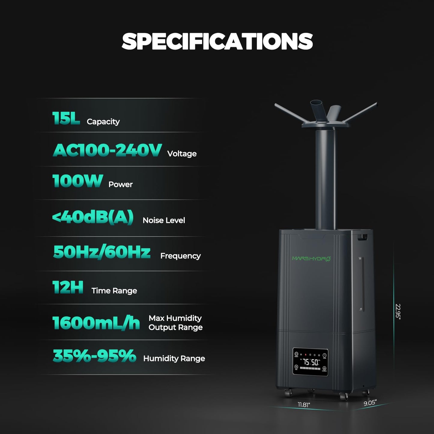 MARS HYDRO Plant Humidifier 5L,with Adjustable Humidity,Timer Function,Ultrasonic Precise and Silent Operation,No-Leak Seal for Grow Tent,Indoor Planting,Greenhouse,Bedroom