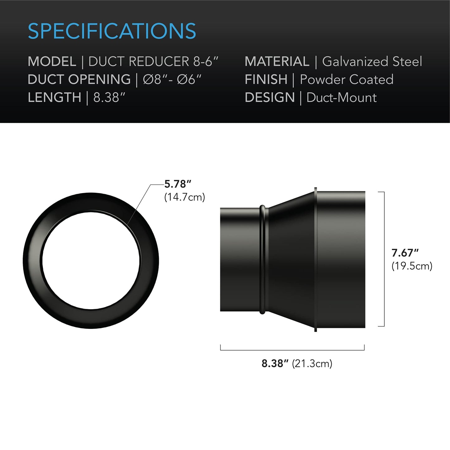 AC Infinity Duct Adapter, 8” to 6” Ducting Reducer Increaser Cone for Grow Tent Bathroom Kitchen Ventilation Systems